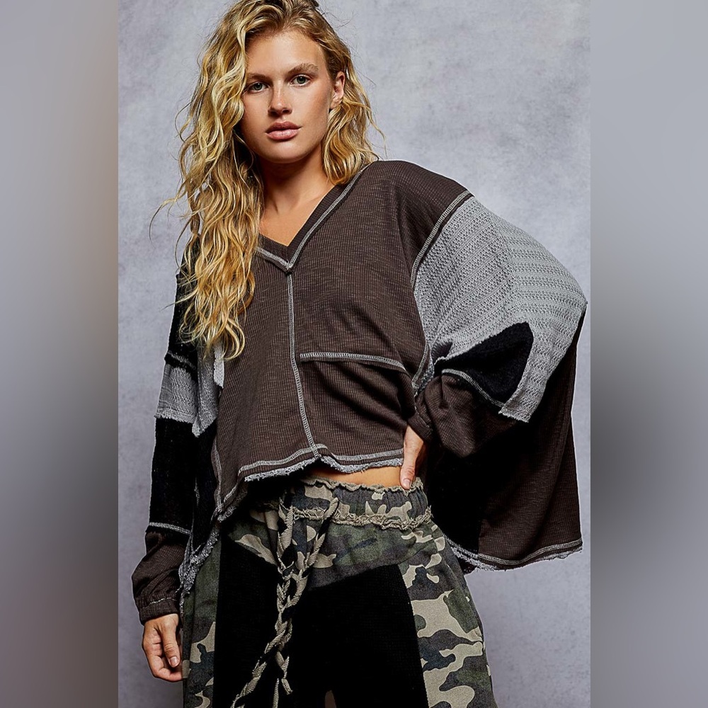 POL Women's Gray and Black Patchwork Top